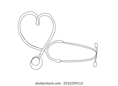 Medicine stethoscope single continuous line art. Health care World Day medical science research doctor nurse equipment silhouette concept design. Hand made vector not AI.