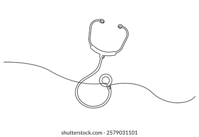 Medicine stethoscope single continuous line art. Health care World Day medical science research doctor nurse equipment silhouette concept design, Hand drawn vector illustraiton. 