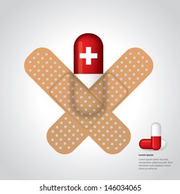 Medicine sticked to gray background with plasters in cross shape