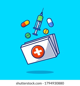 Medicine Storage Box, Injection, Pills And Tablets Cartoon Vector Icon Illustration. Healthcare Medicine Icon Concept Isolated Premium Vector. Flat Cartoon Style