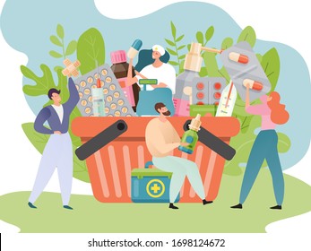 Medicine store vector illustration. Medical, pharmacy, health care concept. Medication, drug in basket. People near drugstore basket with thermometer, bottle, drops, patch and needle. Woman holds pill