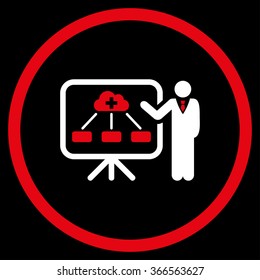 Medicine Structure Report vector icon. Style is bicolor flat circled symbol, red and white colors, rounded angles, black background.