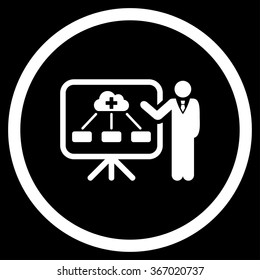 Medicine Structure Report vector icon. Style is flat circled symbol, white color, rounded angles, black background.