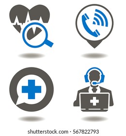 Medicine support call center vector icon set. Heart magnifier, location handset, speech bubble plus, operator headset laptop illustration. Medical healthcare registry ambulance emergency technology