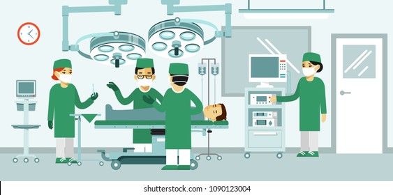 Medicine surgery concept with surgeons and patient in operating room. Modern hospital interior with furniture and equipment for operation. Nurses and doctors with sick man on stretcher. 