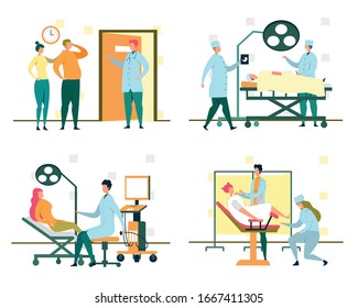 Medicine Surgery, Gynecologist Office, Patients in Hall Flat Cartoon Vector Illustration. Hospital or Clinic Interior with Workplace and Instruments. Medical Consultation, Treatment.