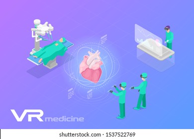 Medicine Surgery in Virtual Reality scanning Heart Isometric Flat Vector illustration