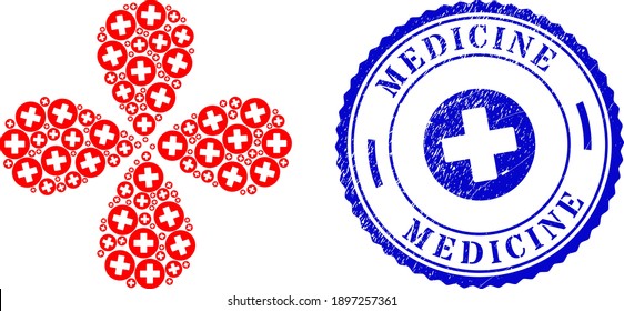 Medicine swirl flower shape, and blue round MEDICINE grunge stamp with icon inside. Element flower with 4 petals created from oriented medicine symbols. Vector flower collage in flat style.