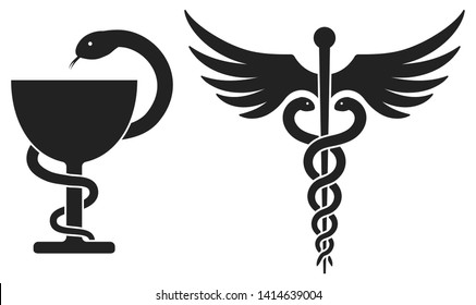 Medicine symbols: Bowl of Hygieia and Caduceus. Vector illustration isolated on white.  Most ancient symbols related to medicine and pharmacy. Bowl and staff with snakes symbolize medicament or poison