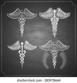 medicine symbols collection chalk pained on chalkboard vector illustration