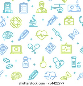 Medicine Symbols and Signs Pattern Background on a White Include of Cardiogram Heart and Microscope. Vector illustration of Healthcare