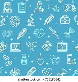 Medicine Symbols And Signs Pattern Background On A Blue Include Of First Aid Kit, Capsule And Enema. Vector Illustration