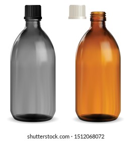 Medicine syrup bottle. Pharmaceutical brown, black glass container vector template. Pharmacy drug cure screw bottle. Realistic glossy glass vitamin medicament vial. 3d transparent mockup, isolated