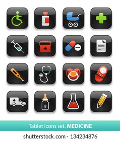 Medizin. Kollektion von Tablet-Schaltflächen einzeln auf Weiß