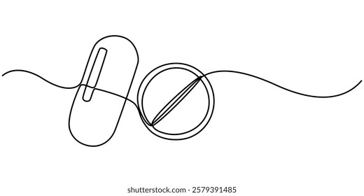 medicine tablet continuous one line drawing, Medicine Pills Single Line Icon, minimal Drawing of Medicine Pill Icon. Single Line Vector Illustration, Premium vector, Single pro outline.