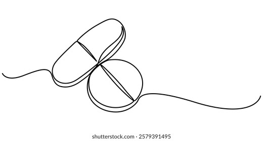 medicine tablet continuous one line drawing, Medicine Pills Single Line Icon, minimal Drawing of Medicine Pill Icon. Single Line Vector Illustration, Premium vector, Single pro outline.