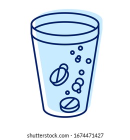 Medicine tablet and glass of water line icon. Linear style sign for mobile concept and web design. Effervescent tablets with glass of water outline vector icon. Symbol, logo illustration.