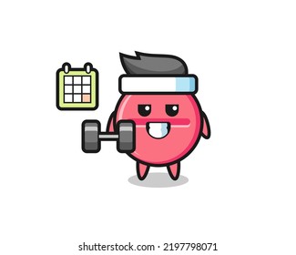 medicine tablet mascot cartoon doing fitness with dumbbell , cute design