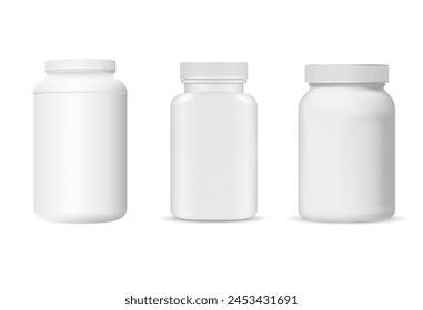 Medicine tablet package. White plastic vitamin supplement jar mockup. Pharmaceutical drug product container, realistic vector illustration. Antibiotic capsule bottle, prescription medicament