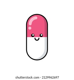 Parche de los comprimidos de medicina, insignia, logo de los stickers. Un gracioso personaje de dibujos animados de la farmacia en el kawaii asiático japonés. Doodle de cápsula farmacéutica para vectores.