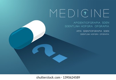 Medicine tablet with shadow and Question mark sign, Doubt problem concept idea poster or flyer template layout design illustration isolated on green gradients background with copy space, vector eps10