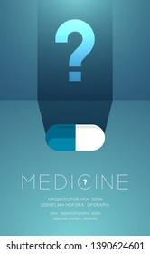 Medicine tablet with shadow and Question mark sign, Doubt problem concept idea poster or flyer template layout design illustration isolated on green gradients background with copy space, vector eps10