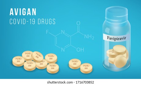 Medicine tablet with text has meaning of Faripiravir medicine or Avigan for anti virus including Covid-19 approved by China. Illustration for medical or health care