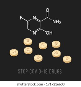 Medicine tablet with text has meaning Faripiravir medicine or Avigan for anti virusinclude Covid-19 approved by China on black background Illustration for medical or health care