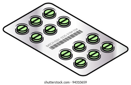 Medicine tablets - 12 large round green pills in a foil blister pack.