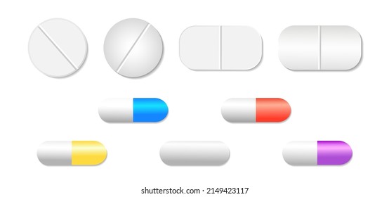 Medicine and tablets in capsules. Vitamins in capsules and tablets. Antibiotics and vitamins. Pharmacy and medicine. Health and care, pain treatment. A set of pills. Vector