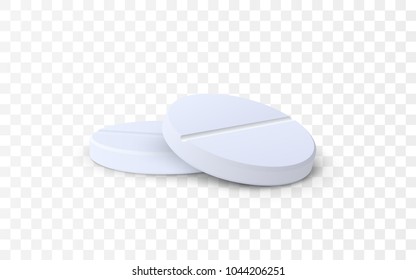 Medicine tablets isolated on light transparent background. Vector realistic illustration. Healthcare or pharmaceutical concept. Medical antibiotics or painkiller pills.