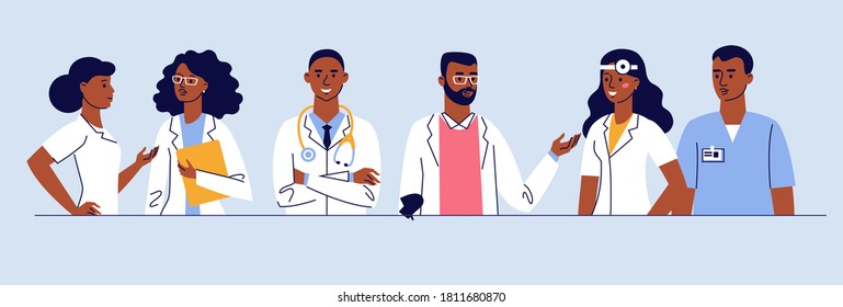 Medicine team concept with different black doctors in hospital. Practitioner doctors young african american ethnic man and woman group. Consultation and diagnosis.