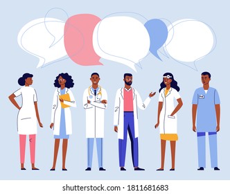 Medicine team concept with different black doctors in hospital. Practitioner doctors young african american ethnic man and woman group and speech bubbles. Consultation and diagnosis.