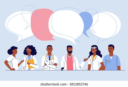 Medicine team concept with different black doctors in hospital. Practitioner doctors young african american ethnic man and woman group and speech bubbles. Consultation and diagnosis.