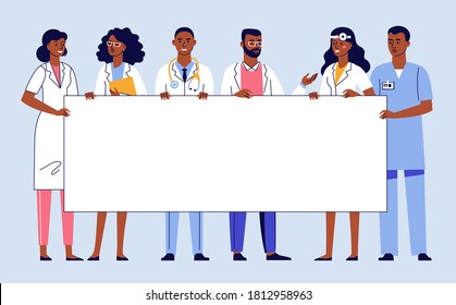 Medicine team concept with different black doctors and blank banner with copy space for text. Group of practitioner doctors young man and woman standing together and holding empty placard.