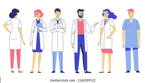 Medicine team concept with different doctors in hospital. Practitioner doctors young man and woman standing together and talking. Consultation and diagnosis.