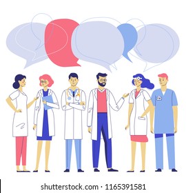 Medicine team concept with different doctors in hospital. Practitioner doctors young man and woman group and speech bubbles. Consultation and diagnosis.