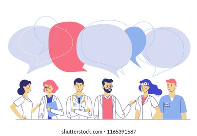 Medicine team concept with different doctors in hospital. Practitioner doctors young man and woman group and speech bubbles. Consultation and diagnosis.