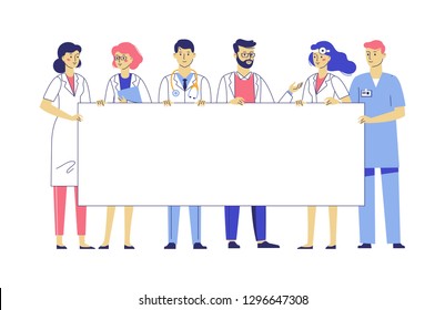 Medicine team concept with different doctors and blank banner with copy space for text. Group of practitioner doctors young man and woman standing together and holding empty placard. Consultation