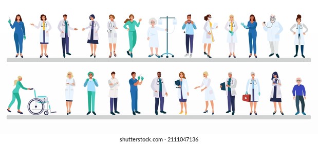 Medicine team concept with different doctors in hospital. Practitioner doctors young man and woman standing together and talking. Consultation and diagnosis.