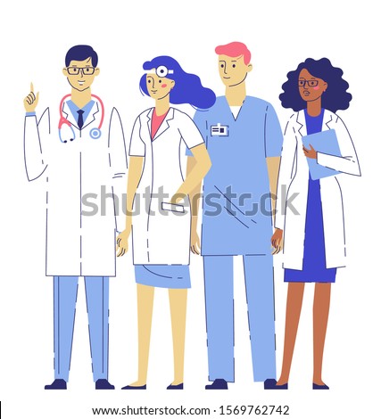 Medicine team concept with different doctors in line art style, isolated on white background. Practitioner doctors young man and woman standing together. Consultation and diagnosis.