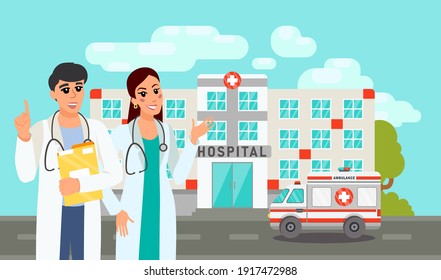 Medicine team concept doctors on hospital background. Clinic Building. Doctors and nurse standing in front of hospital building.