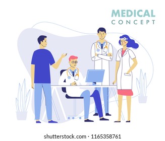 Medicine teamwork concept with doctors in consulting process. Practitioner doctors young man and woman in hospital medical office. Consultation and diagnosis.