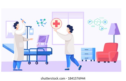 Medicine teamwork concept with doctors in consulting process. Practitioner doctors young men in hospital medical office. Consultation and diagnosis, doctors doing tests, discuss patient analyzes