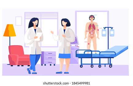 Medicine teamwork concept with doctors in consulting process. Practitioner doctors young women and therapist in hospital medical office. Consultation and diagnosis, doctors discuss the patient's card