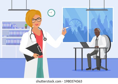 Medicine teamwork in hospital vector illustration. Cartoon woman nurse character with glasses holding syringe injection, man doctor working with laptop at table in medical office interior background