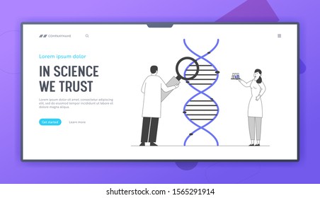 Medicine Technology Genetic Testing Website Landing Page. Scientists Working with Dna Looking through Magnifying Glass. Laboratory Research Web Page Banner. Cartoon Flat Vector Illustration, Line Art