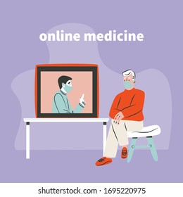 Medicine, technology and healthcare concept - senior man having video chat with doctor on computer