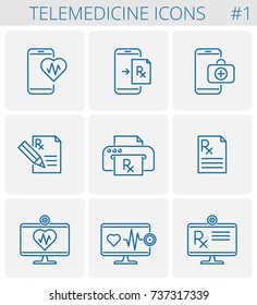 Medicine, telemedicine vector outline icon set. Mobile phone and heart symbol with pulse line inside. Smart phone and first aid kit symbol. Desktop computer monitor with prescription Rx document icon.