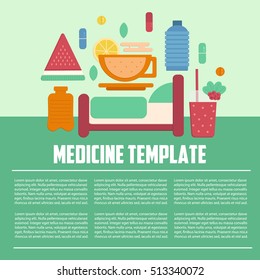 Medicine template flat style. Illness treatment template. Pills and prevention infographics. Medical business letterhead template. Business template for hospitals.